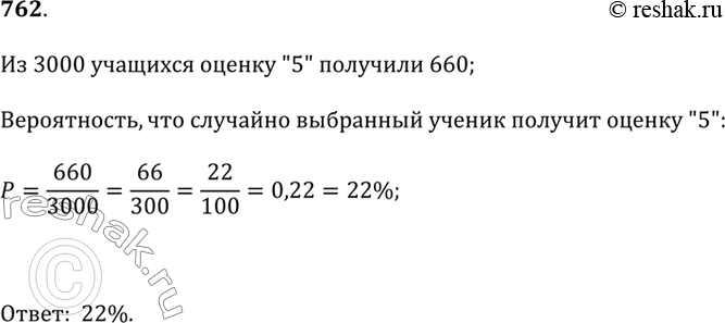 Изображение 762. При изучении состояния знаний девятиклассников была обследована представительная выборка в 3000 учащихся. За контрольную работу оценку «5» получили 660 учащихся....