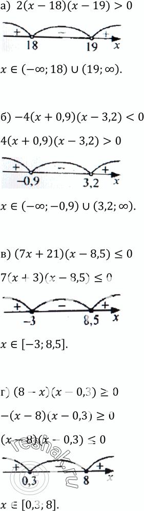 Изображение 331. Решите неравенство:а) 2(х - 18)(x - 19) > 0;б) -4(х + 0,9)(x - 3,2) < 0;в) (7х + 21)(х - 8,5) =...