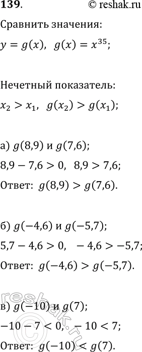 Изображение 139. Функция задана формулой g(х) = х35 Сравните:a) g(8,9) и g(7,6); б) g(-4,6) и g(-5,7); в) g(-10) и...