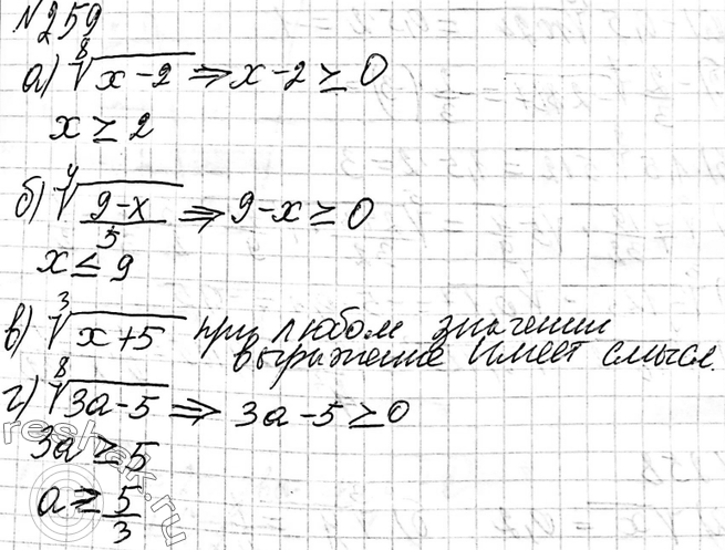 Изображение 259. При каких значениях переменной имеет смысл выражение:а) корень 8 степени (x-2);б) корень 4 степени ((9-x)/5);в) корень 3 степени (x+5);г) корень 8 степени...