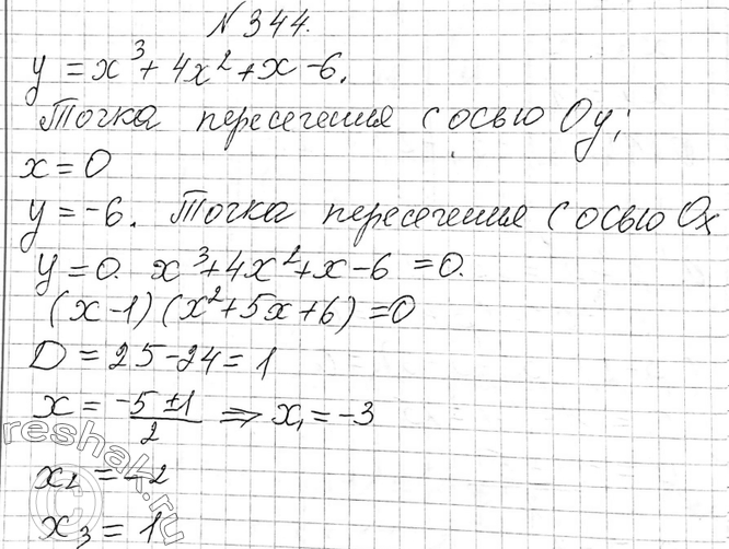 Изображение 344 Найдите координаты точек пересечения графика функции у — х3 + 4x2 + х - 6 с осями...