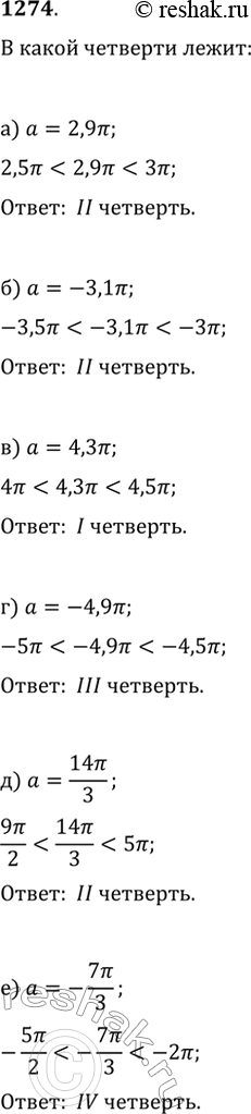 Изображение 1274. Углом какой четверти является угол поворота ?, если:а) ?=2,9?;   в) ?=4,3?;   д) ?=14?/3;б) ?=-3,1?;   г) ?=-4,9?;   е)...