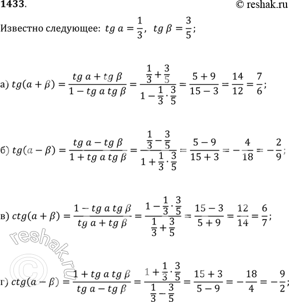 Изображение 1433. Известно, что tg(?)=1/3 и tg(?)=3/5. Найдите:а) tg(?+?);   б) tg(?-?);   в) ctg(?+?);   г)...