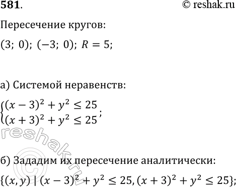 Изображение 581. Центр одного круга — точка (3; 0), а другого — (—3; 0). Радиус каждого круга равен 5. Задайте пересечение кругов: а) системой неравенств;   б)...