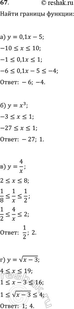 Изображение 67. Найдите наибольшее и наименьшее значения функции. Укажите верхнюю и нижнюю границы функции:а) y=0,1x-5, где x?[-10; 10];   в) y=4/x, где x?[2; 8];б) y=x^3, где...