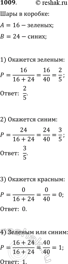 Изображение 1009. В коробке лежат 16 зелёных шаров и 24 синих шара. Какова вероятность того, что выбранный наугад шар окажется:1) зелёным;2) синим;3) красным;4) зелёным или...