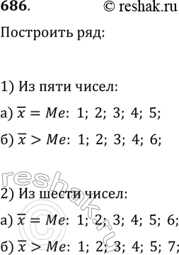 Изображение 686. Постройте ряд: 1) из пяти чисел; 2) из шести чисел, у которого:а) среднее значение равно медиане;б) среднее значение больше...