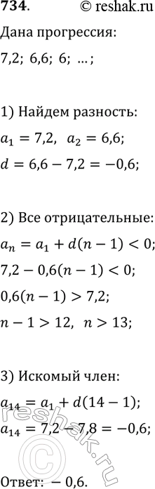 Изображение 734. Найдите первый отрицательный член арифметической прогрессии 7,2; 6,6; 6; ......