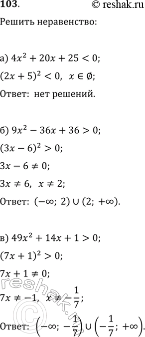 Изображение 103. Решите неравенство:а) 4x^2+20x+250в) 49x^2+14x+1>0г) 25x^2-10x+10е)...