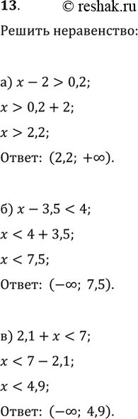 Изображение 13. а) х - 2 > 0,2;	б) х - 3,5 < 4;	в) 2,1 + х < 7; г) х - 2 > -0,6; д) х + 10,7 > 7,9; е) 5,013 + х <...