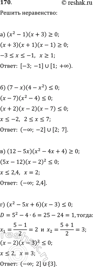 Изображение 170.а) (x^2-1)(x+3)>=0б) (7-x)(4-x^2)=0 г)...