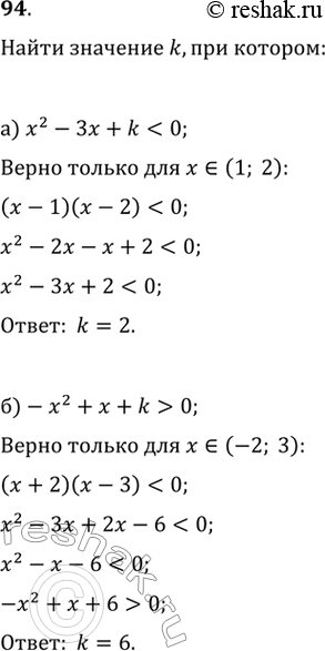 Изображение 94. Исследуем. Найдите значение k, при котором неравенство:а) х^2 - Зx + k < 0 верно только для x (1; 2);б) -x^2 + х + k > 0 верно только для х  (-2;...