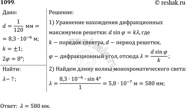 Изображение Дифракционная решетка содержит 120 штрихов на 1 мм. Найти длину волны монохроматического света, падающего на решетку, если угол между двумя спектрами первого порядка...