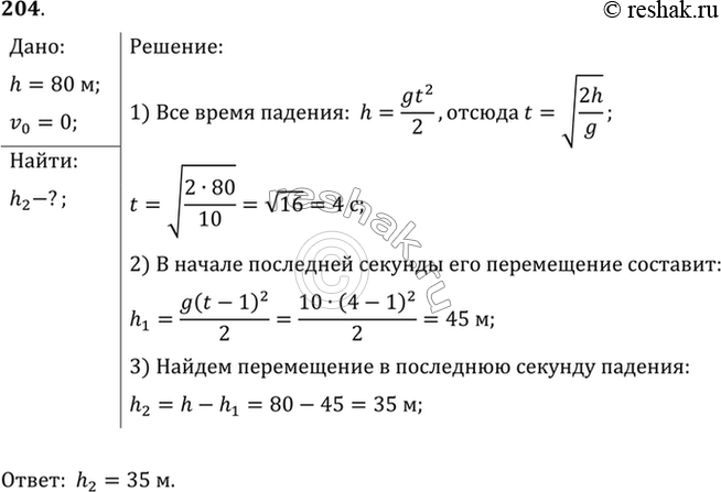 Изображение Тело свободно падает с высоты 80 м. Каково его перемещение в последнюю секунду...