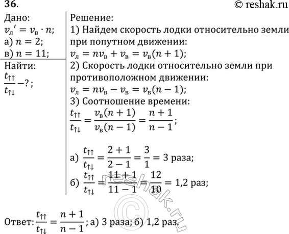 Изображение Скорость движения лодки относительно воды в п раз больше скорости течения реки. Во сколько раз больше времени занимает поездка на лодке между двумя пунктами против...