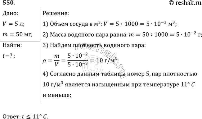 Изображение В закрытом сосуде вместимостью 5 л находится ненасыщенный водяной пар массой 50 мг. При какой температуре пар будет...