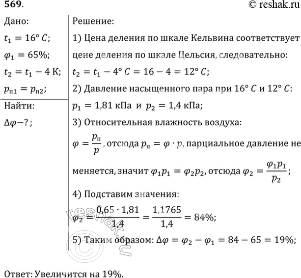 Изображение Относительная влажность в комнате при температуре 16 °С составляет 65%. Как изменится она при понижении температуры воздуха на 4 К, если парциальное давление водяного...