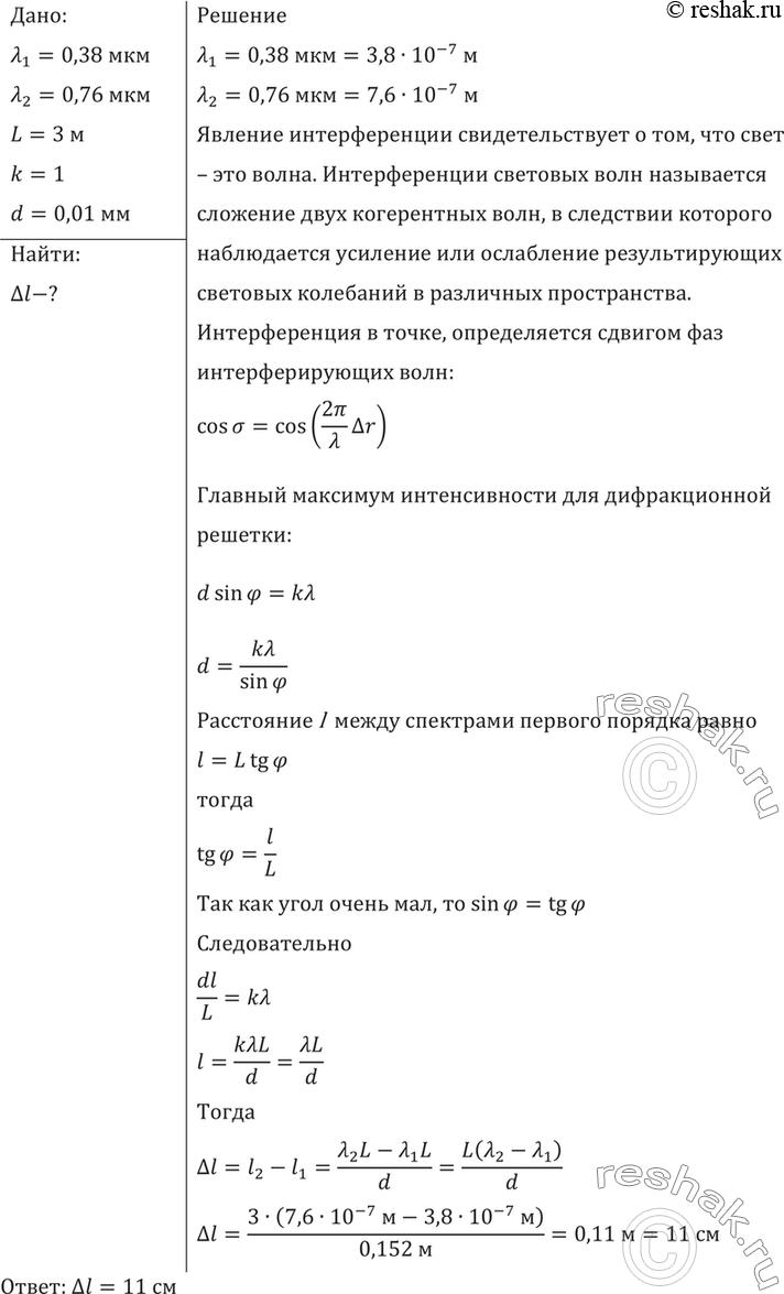 Изображение Какова ширина всего спектра первого порядка (длины волн заключены в пределах от 0,38 до 0,76 мкм), полученного на экране, отстоящем на 3 м от дифракционной решетки с...