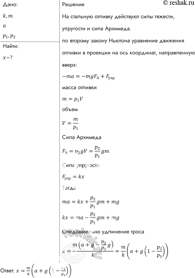 Изображение Стальную отливку массой т поднимают из воды при помощи троса, жесткость которого равна k, с ускорением а. Плотность стали р1, плотность воды р2. Найти удлинение х троса....