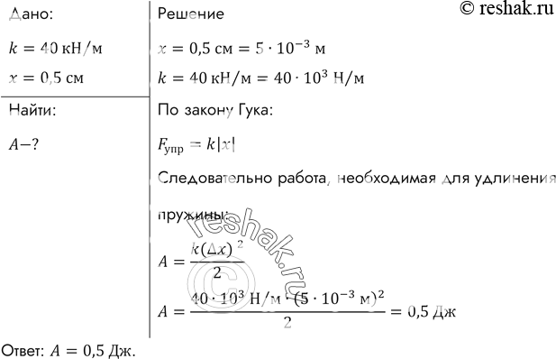 Изображение Какую работу надо совершить, чтобы растянуть пружину жесткостью 40 кН/м на 0,5...