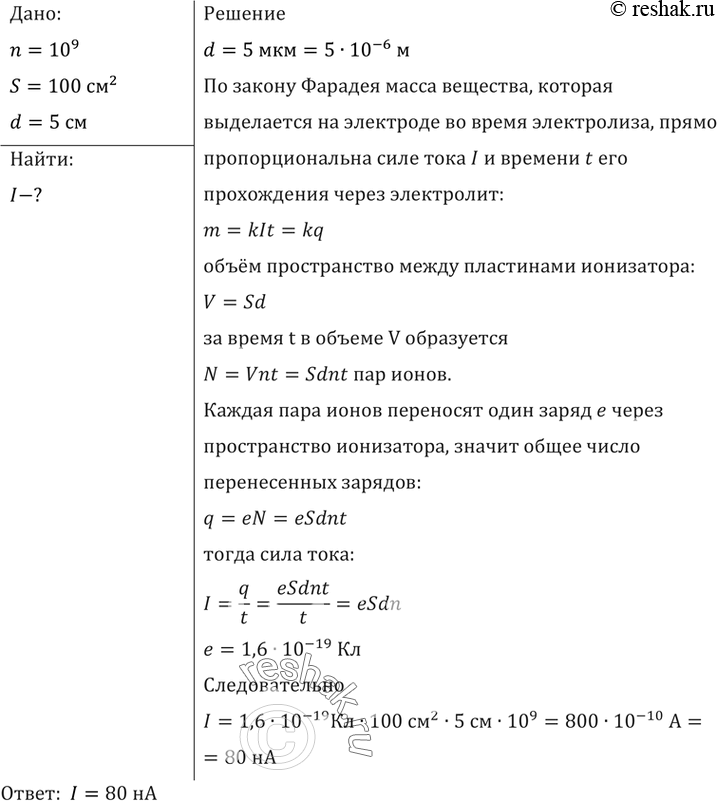Изображение Какова сила тока насыщения при несамостоятельном газовом разряде, если ионизатор образует ежесекундно 109 пар ионов в одном кубическом сантиметре? Площадь каждого из...