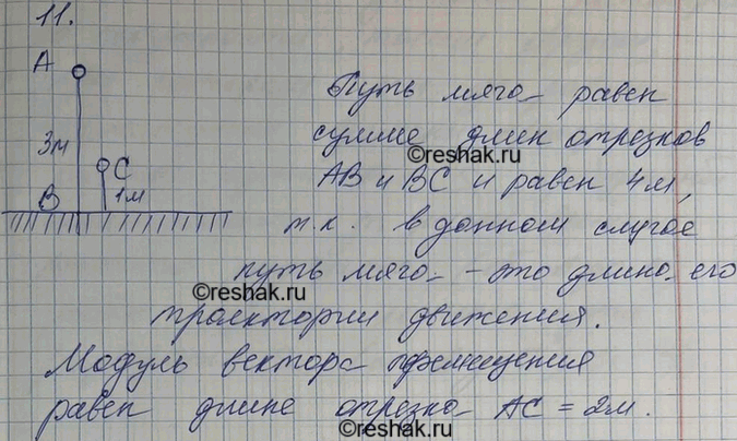 Изображение Мяч упал с высоты 3м, отскочил от пола и был пойман на высоте 1м. Найти путь и перемещение...