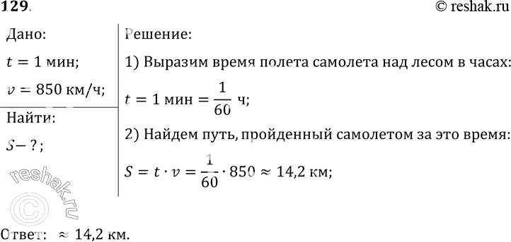 Изображение 129.	Юный пассажир в самолете дальнего следования отметил, что полет над лесом длился ровно 1 мин. Зная скорость полета самолета (850 км/ч), он тут же определил длину...