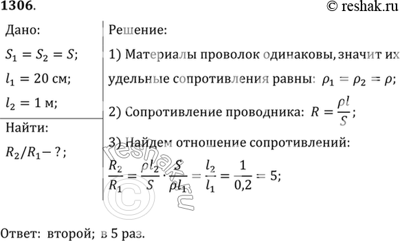 Изображение 1306.	Имеются две проволоки из одного и того же материала с одинаковой площадью поперечного сечения. Длина первой равна 20 см, второй 1 м. Сопротивление какой проволоки...