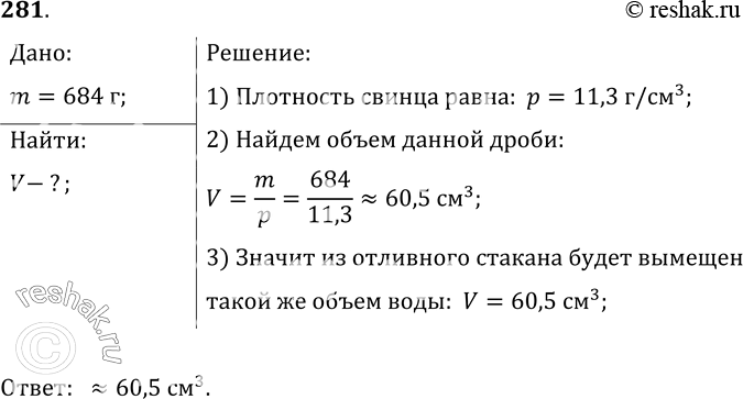 Изображение 281.	Определите объем воды, которая выльется из отливного стакана, если в него опустить свинцовую дробь массой 684...
