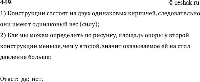 Изображение 449.	Два кирпича поставлены друг на друга так, как показано на рисунке 108. Одинаковы ли силы, действующие на опору, и давление в обоих случаях?1) Конструкции состоят...