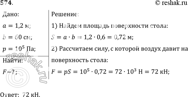 Изображение 574.	Рассчитайте силу, с которой воздух давит на поверхность стола, который имеет длину 1,2 м, ширину 60 см (принимая атмосферное давление равным 105...