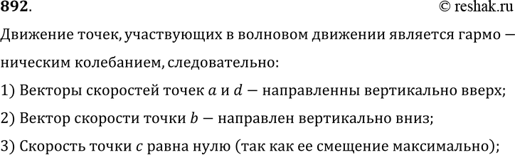 Изображение 892°. На рисунке 249 изображено расположение точек, участвующих в волновом движении, в какой-то определенный момент времени (и — вектор скорости фронта волны). Каковы...