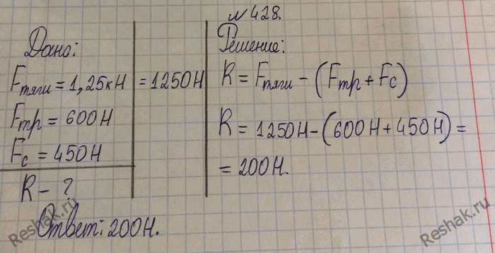 Изображение 428.	На движущийся автомобиль в горизонтальном направлении действуют сила тяги двигателя 1,25 кН, сила трения 600 Н и сила сопротивления воздуха 450 Н. Чему равна...