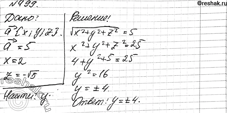 Изображение 499 Длина вектора a{x; у; z} равна 5. Найдите ординату вектора а, если x = 2, z =...