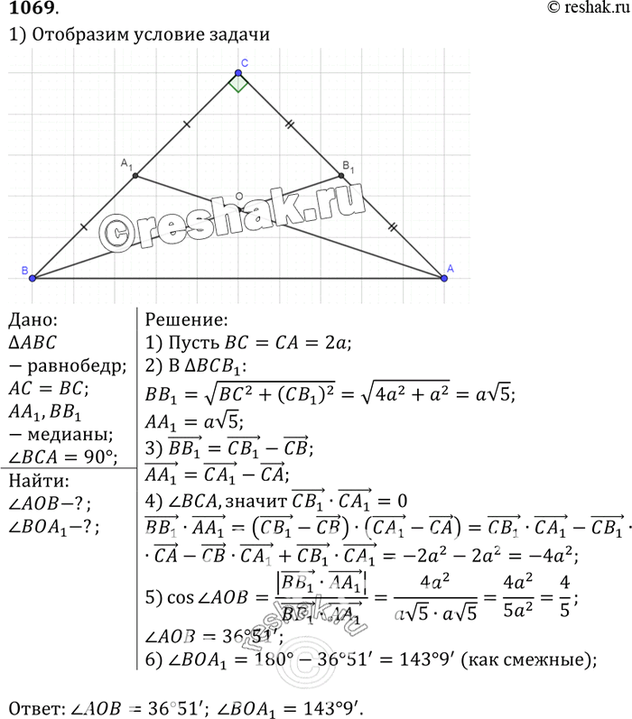 Изображение В прямоугольном равнобедренном треугольнике проведены медианы из вершин острых углов. Найдите острый угол между этими...
