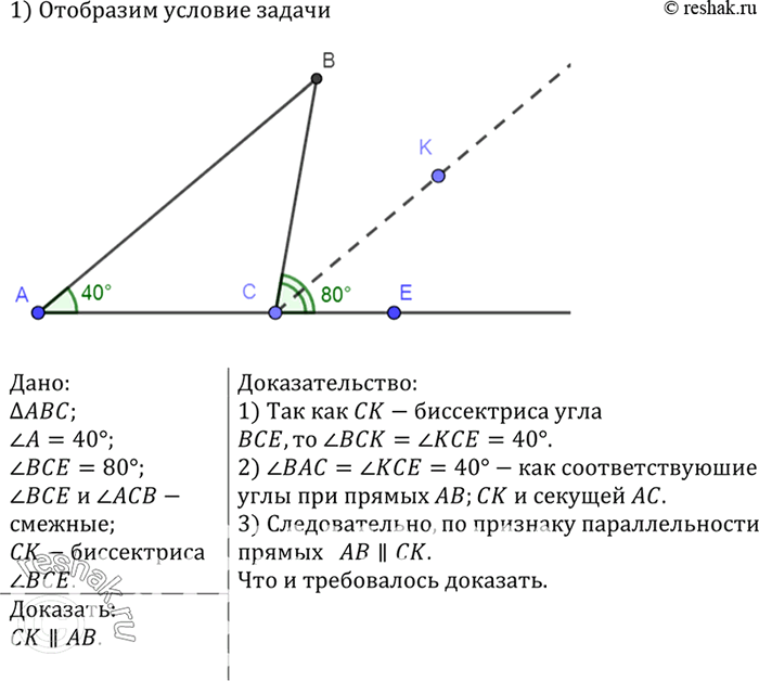 Изображение В треугольнике ABC угол А равен 40°, а угол ВСЕ, смежный с углом АСВ, равен 80°. Докажите, что биссектриса угла ВСЕ параллельна прямой...