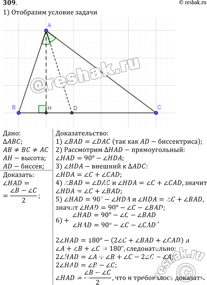 Изображение В треугольнике с неравными сторонами АВ и АС проведены высота АН и биссектриса AD. Докажите, что угол HAD равен полуразности углов В и...