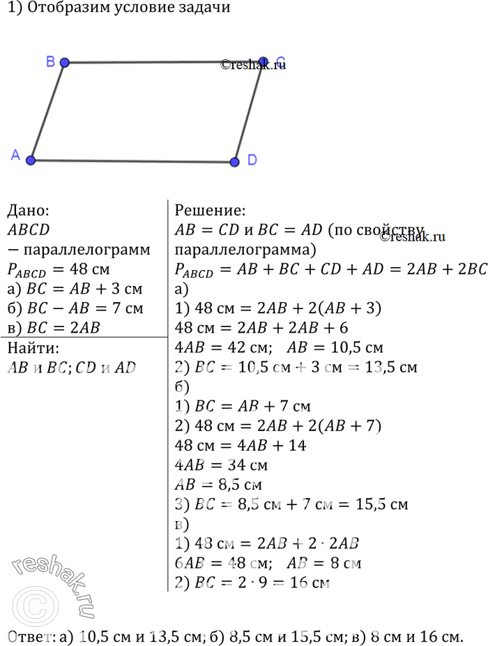 Изображение Периметр параллелограмма равен 48 см. Найдите стороны параллелограмма, если:а) одна сторона на 3 см больше другой;б) разность двух сторон равна 7 см;в) одна из сторон...