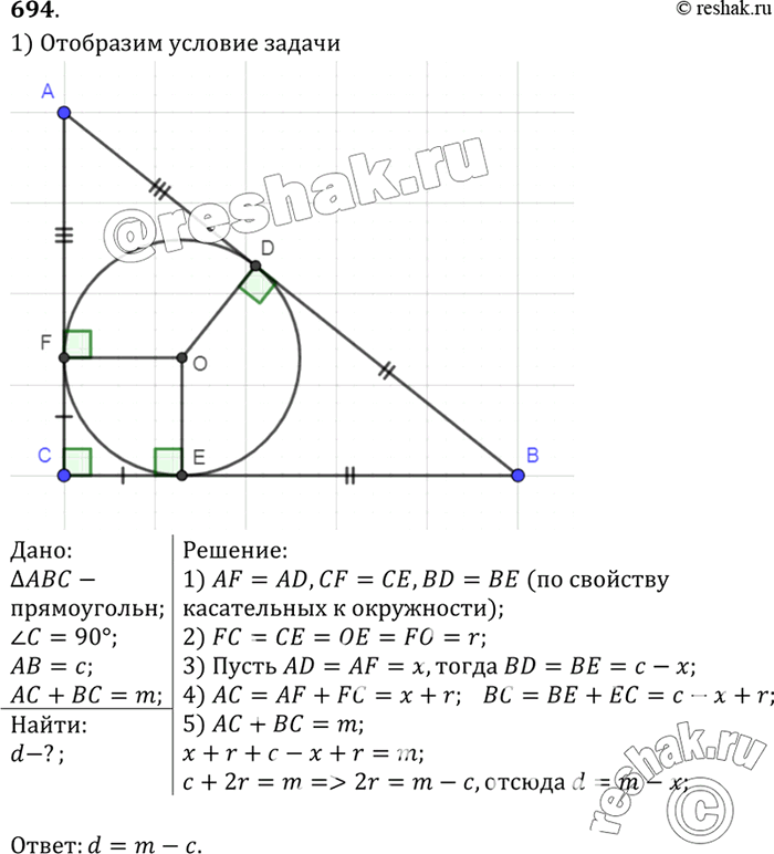 Изображение Найдите диаметр окружности, вписанной в прямоугольный треугольник, если гипотенуза треугольника равна с, а сумма катетов равна...