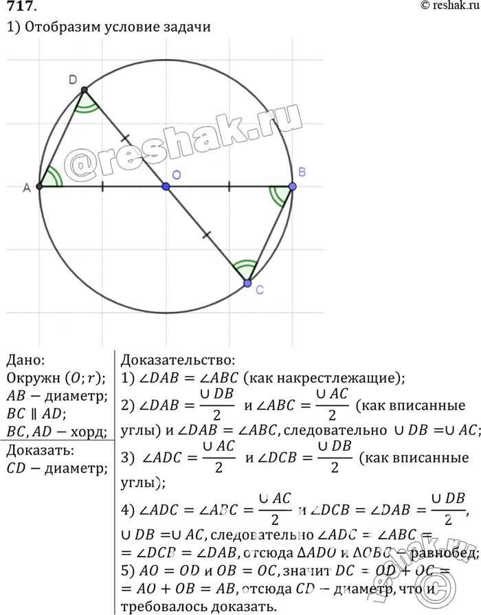 Изображение Отрезок АВ является диаметром окружности, а хорды ВС и AD параллельны. Докажите, что хорда CD является...