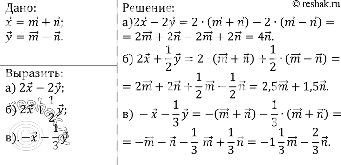 Изображение Пусть х = m + n, у = m-n. Выразите через m и n векторы: a)2х-2у; 6) 2х + 1/2у;...