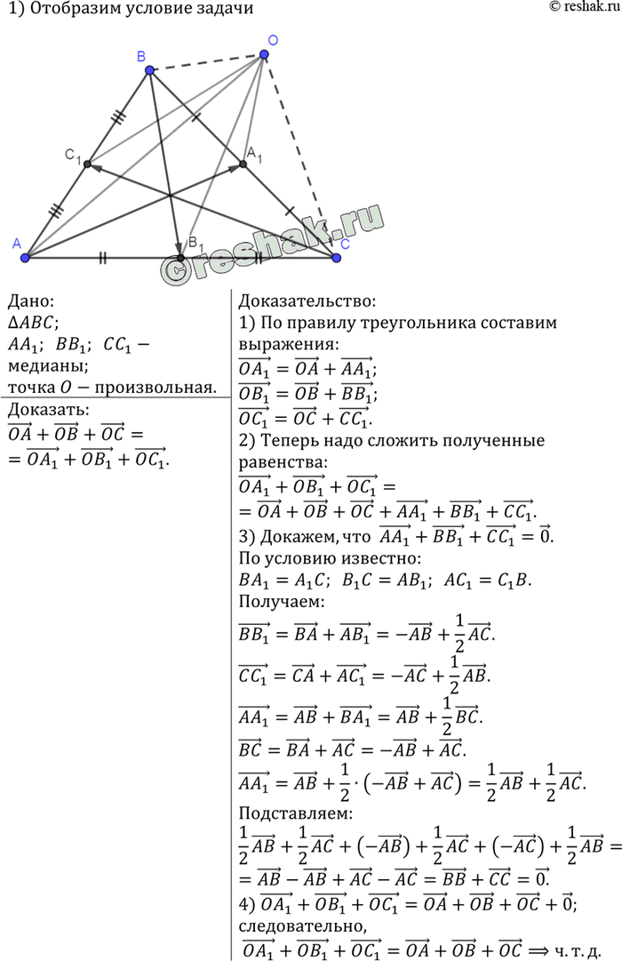 Изображение Отрезки АА1, ВВ1 и СС1 — медианы треугольника ABC, О — произвольная точка. Докажите, что ОА + ОВ + ОС = 0А1 + ОВ1 +...