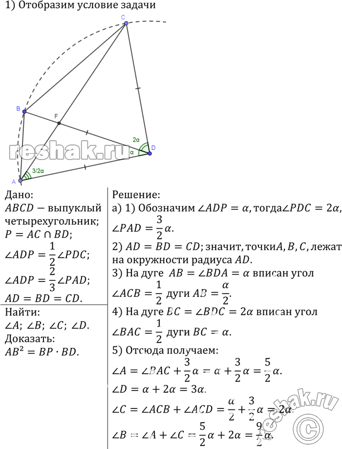 Изображение Диагонали выпуклого четырёхугольника ABCD пересекаются в точке Р. Известно, что угол ADP = угол PDC, угол.ADP = 2/3 угол PAD и AD = BD = CD. а) Найдите все углы...