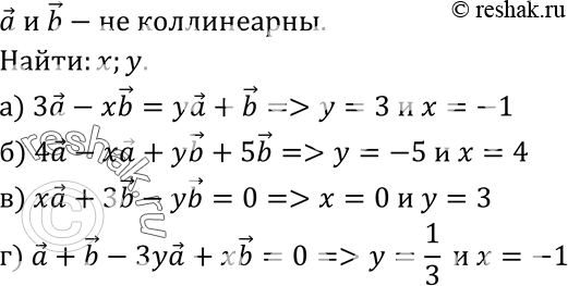 Изображение Векторы а и b не коллинеарны. Найдите числа х и у, удовлетворяющие равенству: а) 3а - xb = уа + b; б) 4а - ха + 5b + уb = 0; в) ха + 36 - yb = 0; г) а + b - Зуа + xb =...