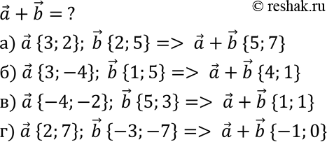 Изображение Найдите координаты вектора а + b, если: а) а {3; 2}, b {2; 5}; б) а {3; -4}, b {1; 5}; в) а {-4; -2}, b {5; 3}; г) а {2; 7}, b {-3;...
