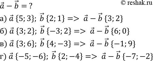 Изображение Найдите координаты вектора а-b, если: а) а{5; 3}, b {2; 1}; б) а {3; 2}, b{-3; 2}; в) а {3; 6}, b {4; -3}; г) а {-5; -6}, b {2;...