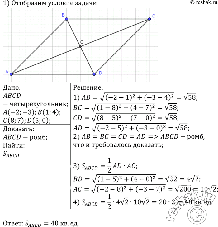 Изображение Докажите, что четырёхугольник ABCD, вершины которого имеют координаты А (-2;-3), В(1;4), С (8; 7), D(5;0), является ромбом. Найдите его...