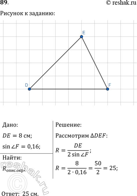 Изображение 89. В треугольнике DEF известно, что DE=8 см, sin(F)=0,16. Найдите радиус окружности, описанной около треугольника...