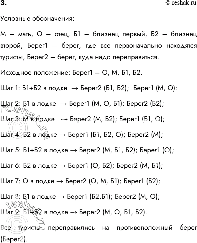 Изображение 3. Туристы (отец, мать и два брата-близнеца) должны переправиться через реку. В их распоряжении есть маленькая лодка, вмещающая только одного взрослого или двоих детей....