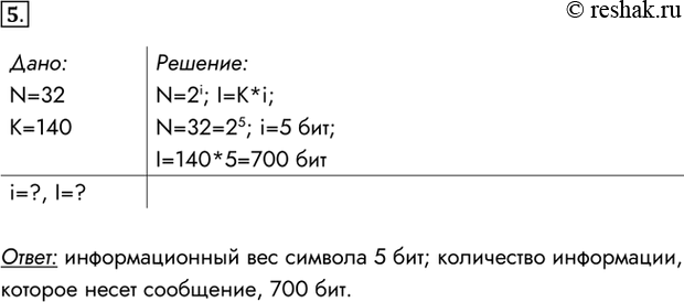 Изображение 5. Некоторый алфавит содержит 32 символа. Каков информационный вес символа этого алфавита? Какое количество информации несёт сообщение, состоящее из 140 символов этого...